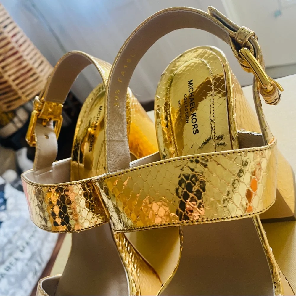 Michael KORS Collection Blaire Metallic Gold Python Platform Snakeskin Sandals